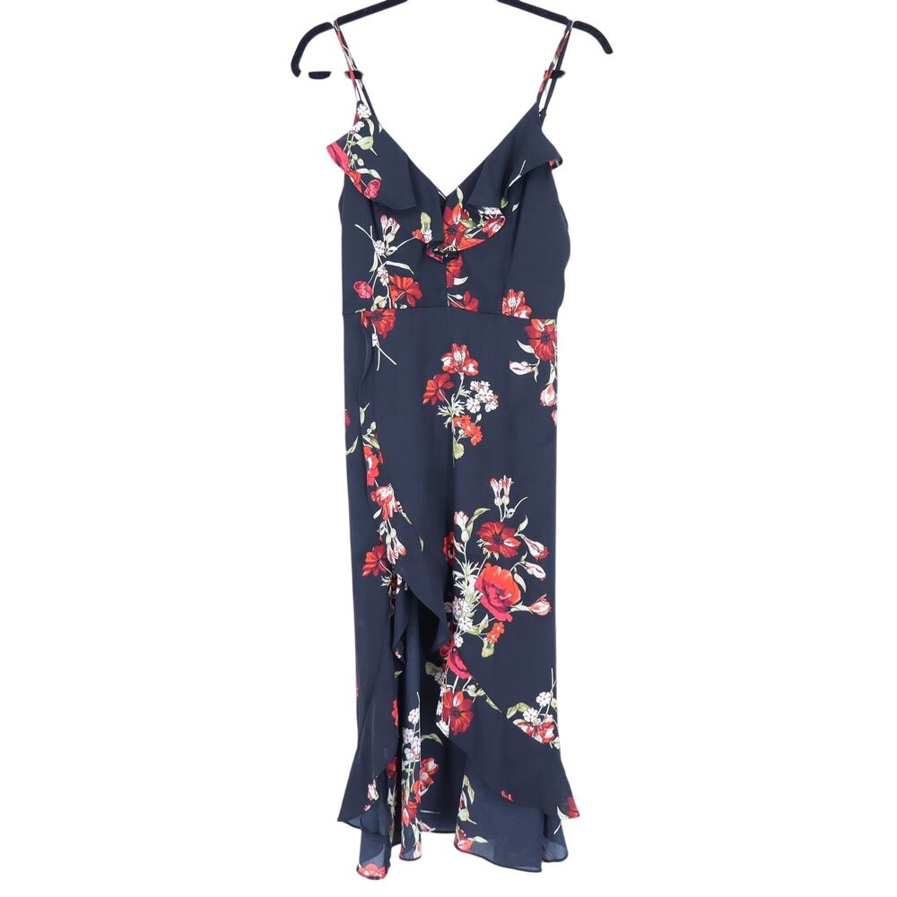 TIMING Floral High Low Midi Dress Black with Red Roses High Thigh Women's M